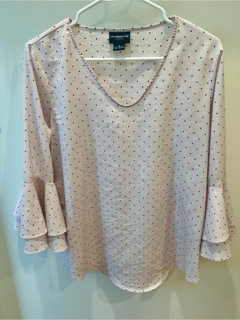 Liz Claiborne Career Pink Polka Dot Bell Sleeve Blouse Top M